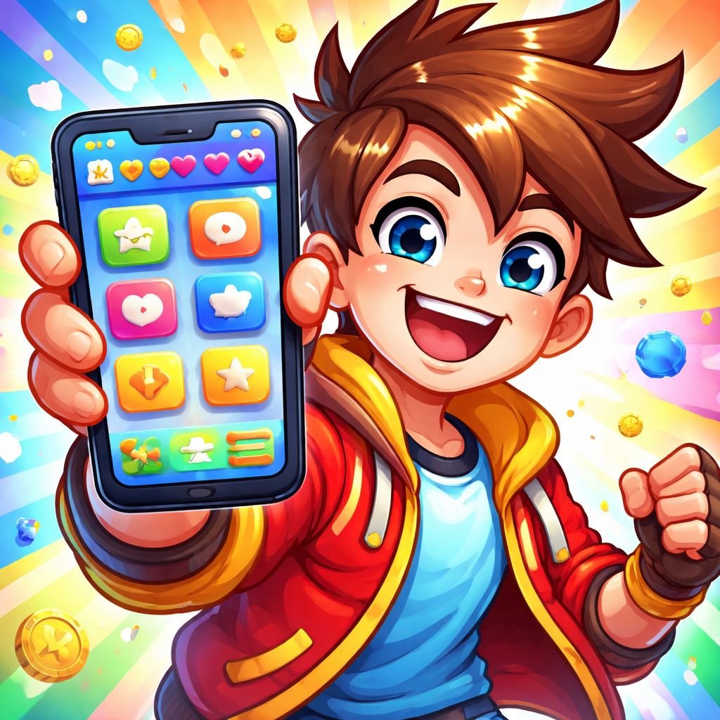EQ9999 app themed cartoon character using a smartphone with bright gaming elements