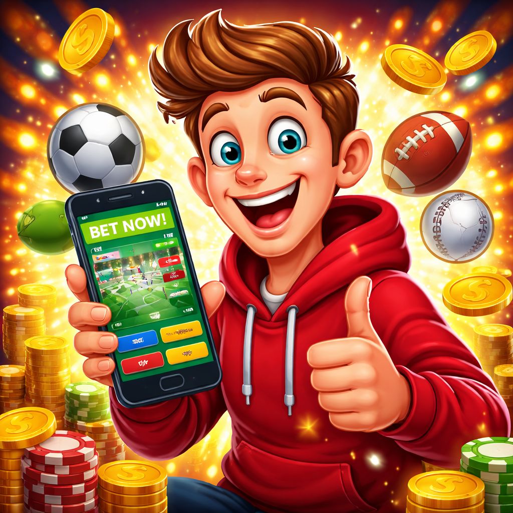 EQ9999 themed cartoon betting character with phone, coins, and sportsbook interface