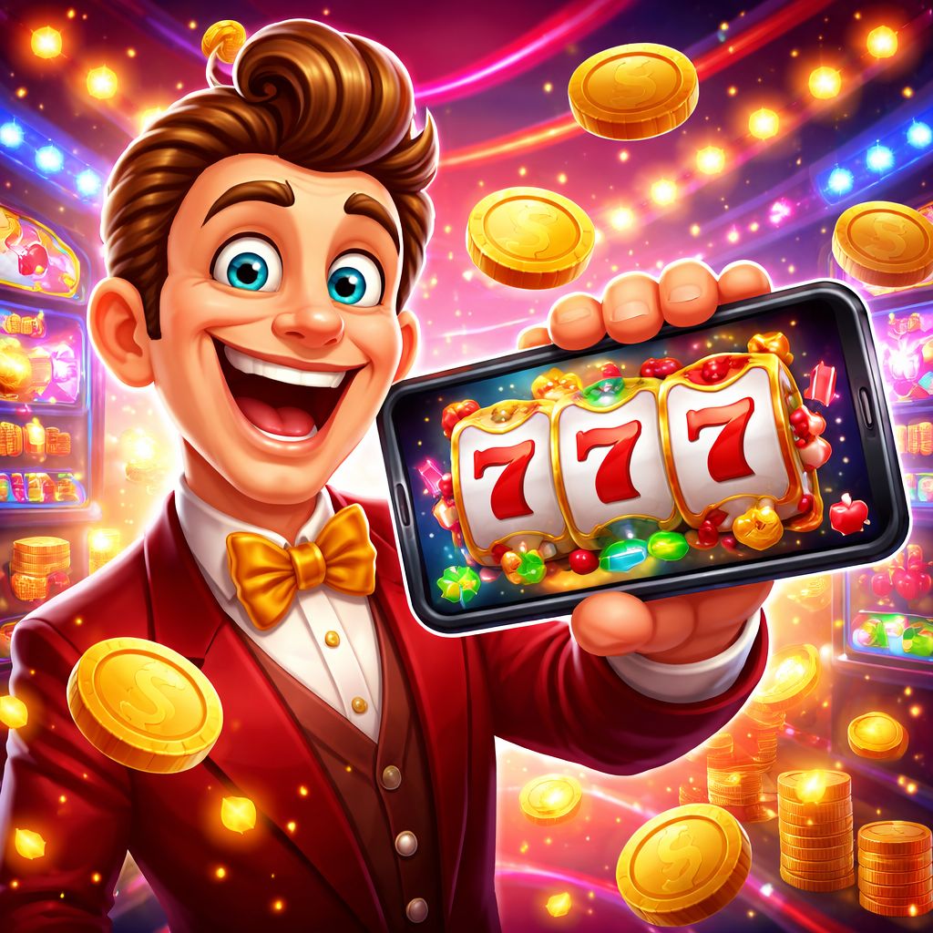 EQ9999 Casino cartoon characters with chips, coins, and mobile gaming elements