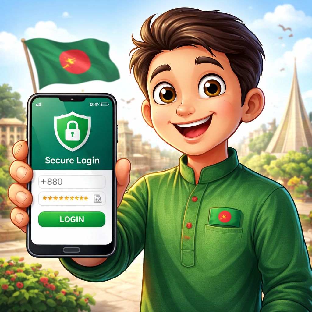 Cartoon character using a smartphone to access EQ9999 login securely