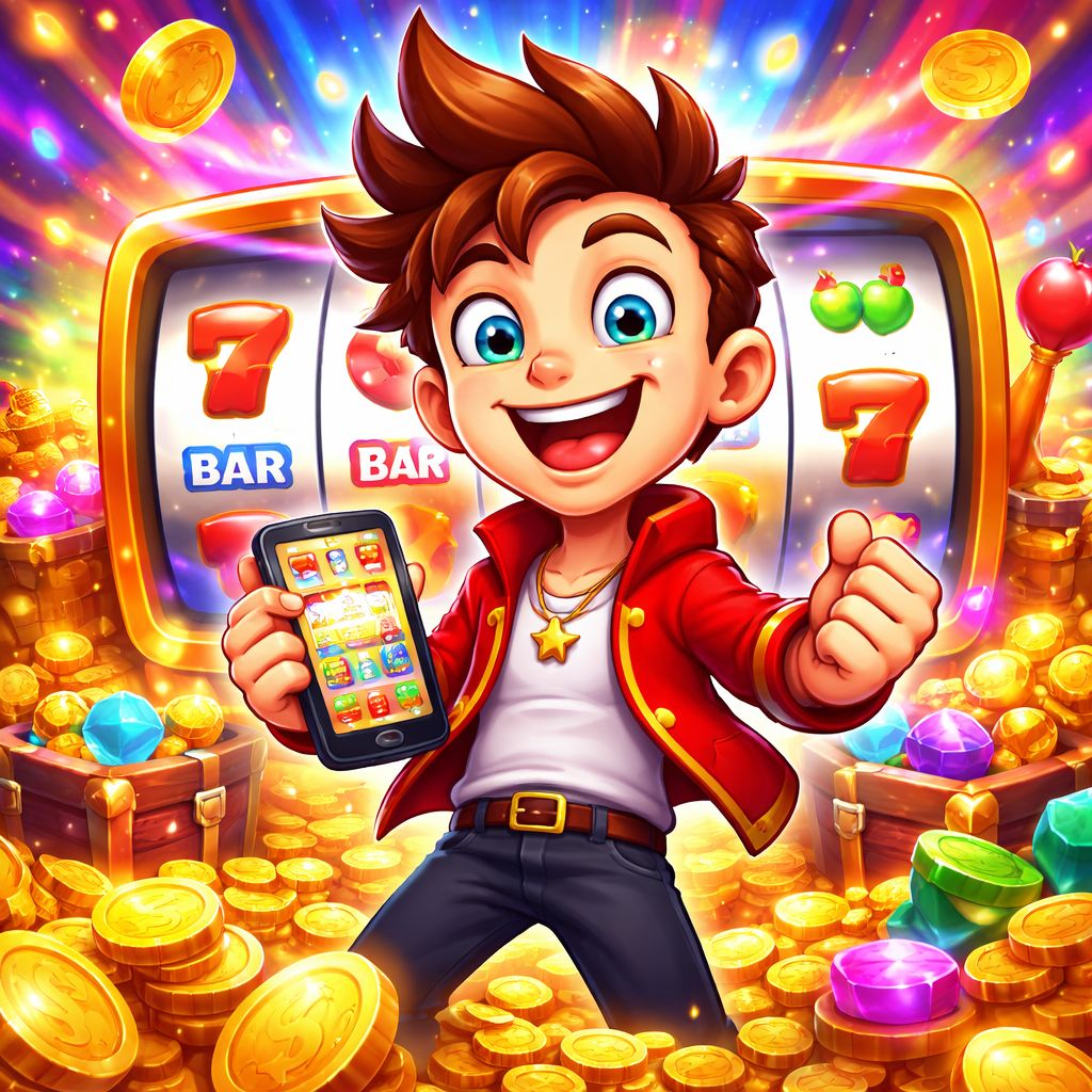 EQ9999 slot-themed cartoon characters with coins and reels